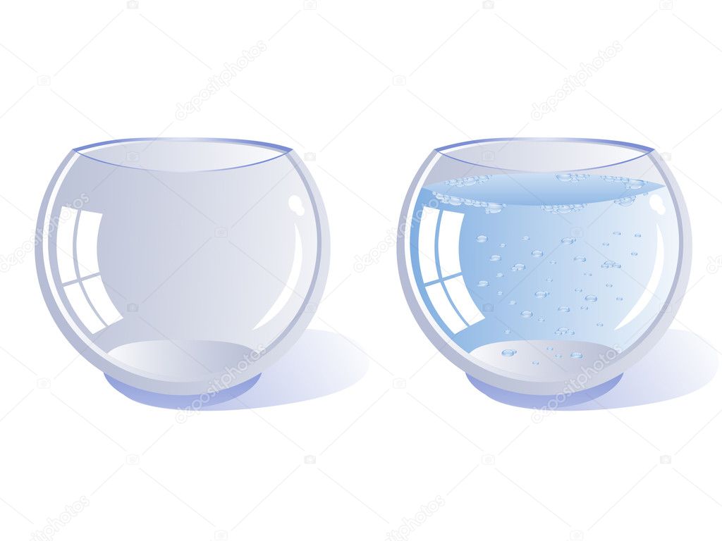Two transparent glass vessel rounded. One empty and one filled with clean water. Glasses. Aquariums. Isolated on white background.