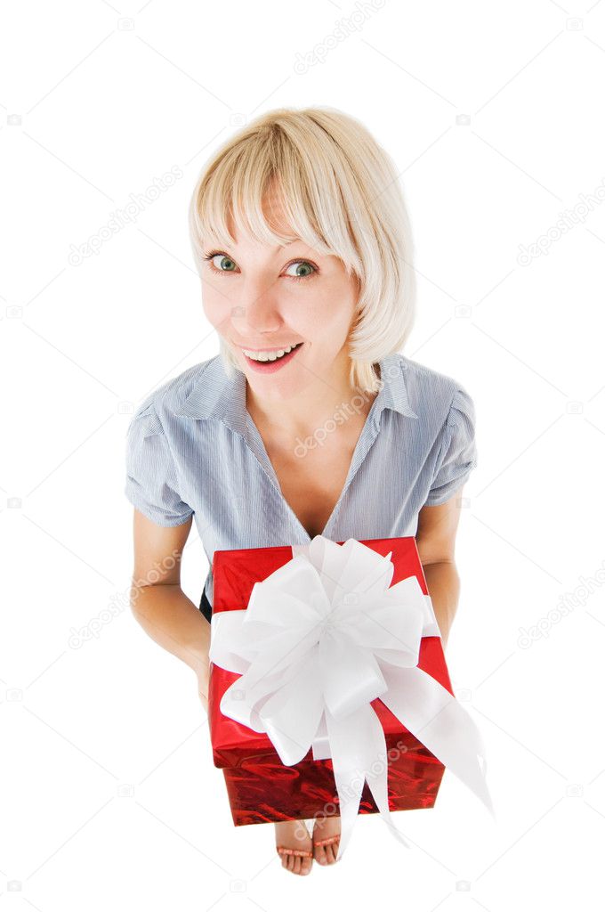 Woman with gift isolated on white