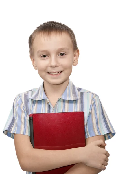 Leende pojke håller en laptop. — Stockfoto