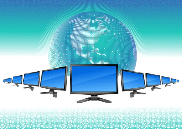 Modern monitors line and globe — Stock Vector