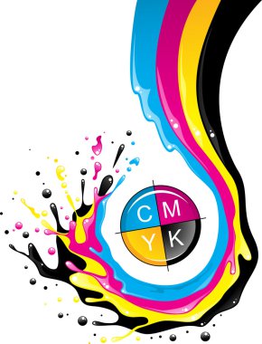 Conceptual illustration. Liquid CMYK paint move down with splashes and drops. clipart