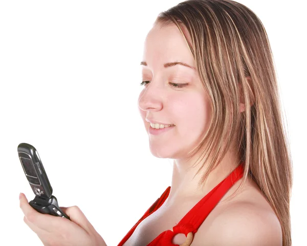 Una Giovane Donna Con Telefono Mano Sfondo Bianco Isolato — Foto Stock