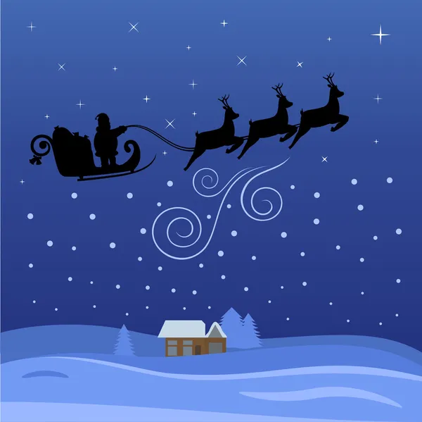 Santa claus vliegen door de nacht op Kerstmis — Stockvector