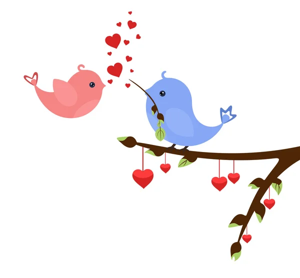 Små Fåglar Kärlek Med Hjärtan Vårvintern Kvist Valentines Idé För — Stock vektor