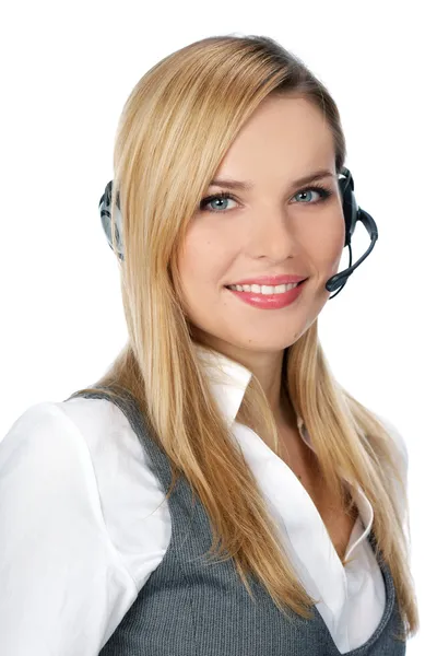 Representante do cliente com fone de ouvido sorrindo durante um telefone — Fotografia de Stock