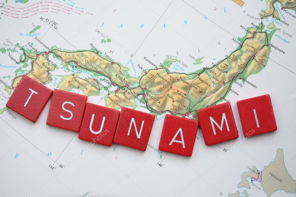 Tsunami on vintage map of Japan