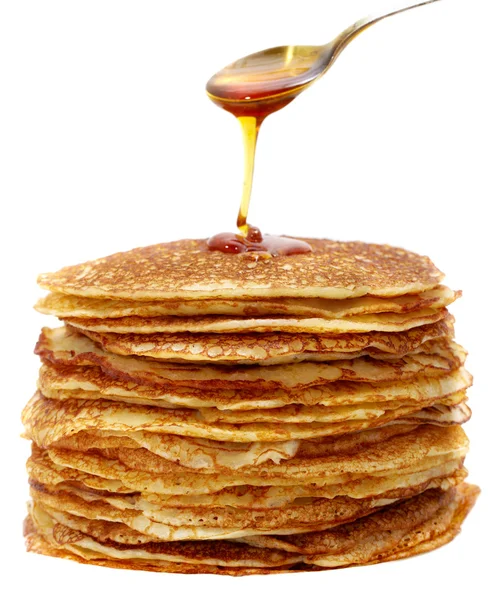 Honig und Pfannkuchen — Stockfoto