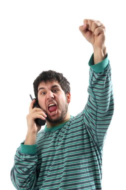 Man with telephone in the pajamas, after lotto lottery news clipart