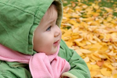 Baby at a park in Autumn clipart