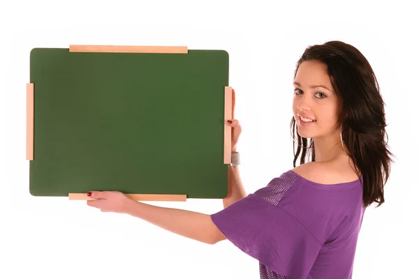 Girl holding a little school table — Stock Photo, Image