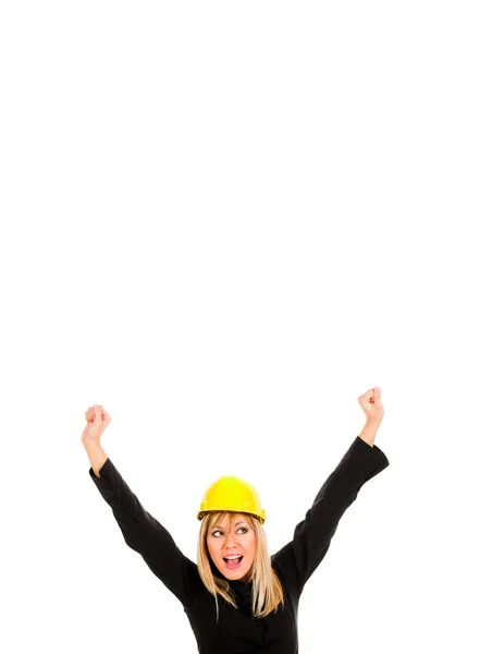 Бізнес-леді з щасливими піднятими руками — стокове фото