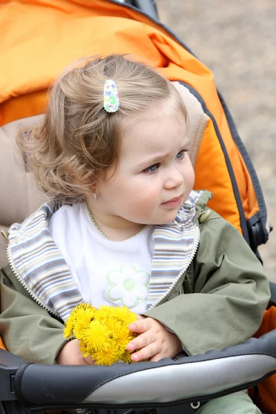 Meisje met bloem in een kinderwagen — Stockfoto