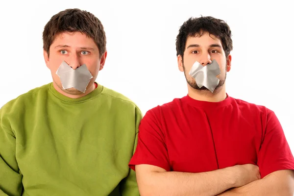 Guys with adhesive tape on lips — Stock Photo, Image