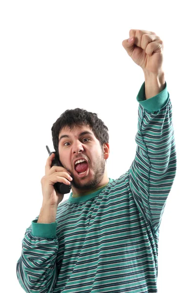 Чоловік з телефоном у піжамі, після лотереї новини — стокове фото