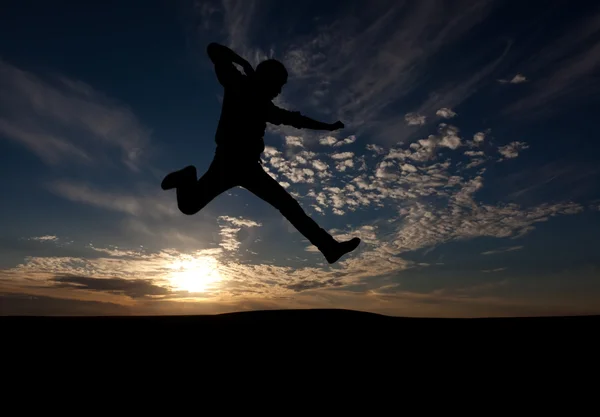 Silhouette Guy Decline Beautiful Sky Jumps Upwards Kick — Stock Photo, Image