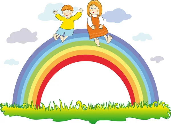 Glückliche Kinder am Regenbogen — Stockvektor