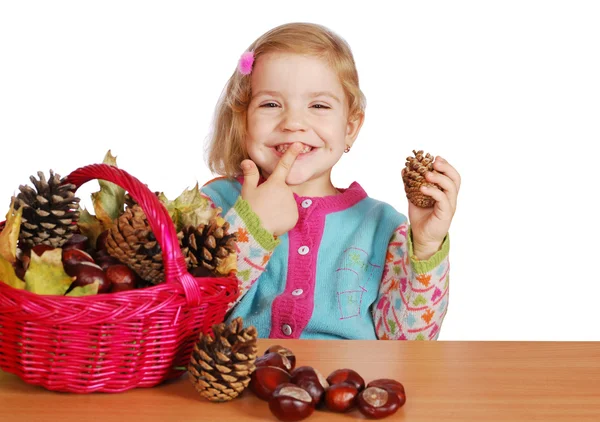 Little girl fun with pine-cone and chestnut — Stock Photo, Image