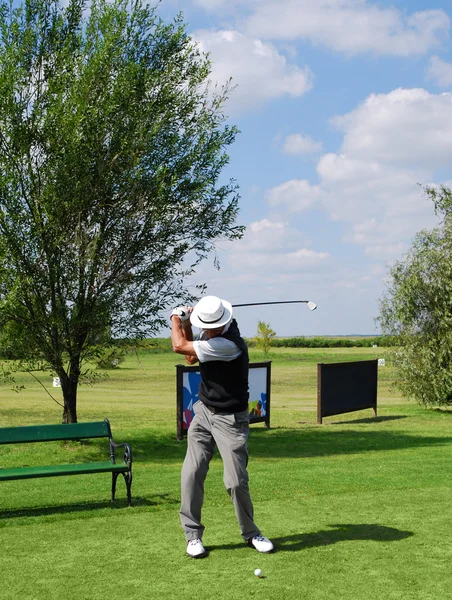 Üst düzey golf oyuncusu topa vurmak — Stok fotoğraf