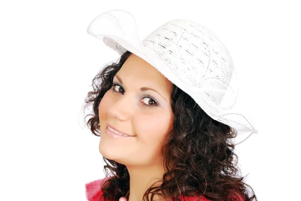 Menina beleza com chapéu branco — Fotografia de Stock