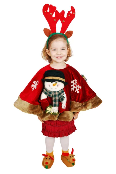 아름 다운 작은 소녀 사슴 루돌프 크리스마스 준비 머리에 경적 — Stock Fotó