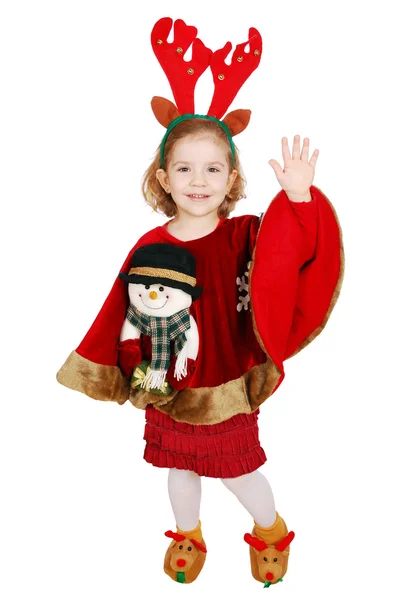 Christmas little girl with horn on head and snowman on dress greeting — Stock Photo, Image