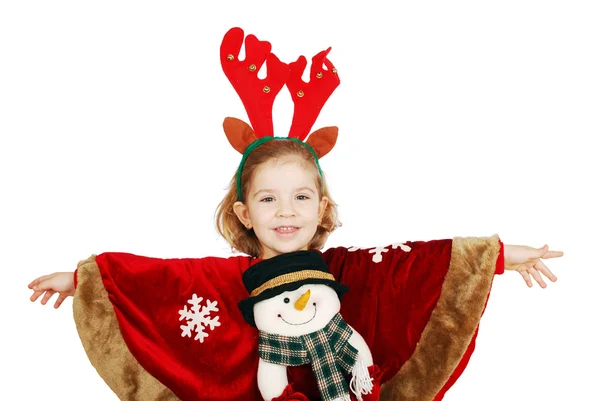 Маленькая девочка со снеговиком на платье готова к Рождеству — стоковое фото