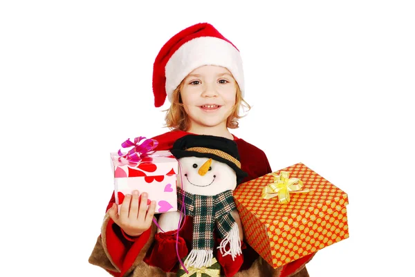 Kleines Mädchen Weihnachtsmann mit Geschenken — Stockfoto