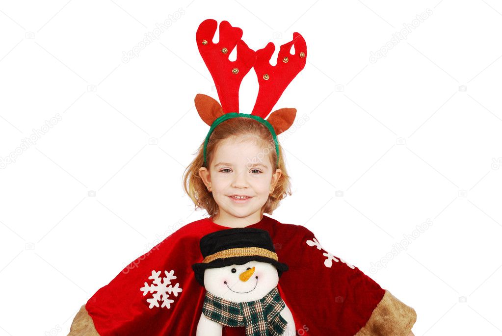 Little girl with rudolf deer horn and snowman on dress