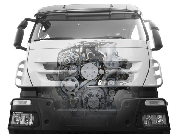 Front of truck with a visible engine
