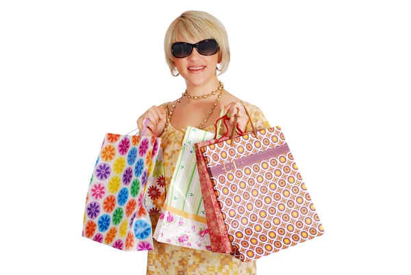 Woman with sunglasses and shopping bag — Stock Photo, Image