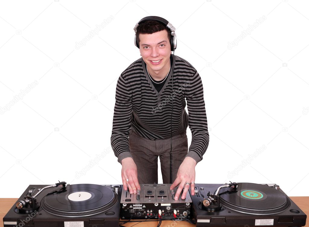 Dj with turntables play music