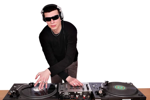 Dj with sunglasses play music on turntables — Stock Photo, Image