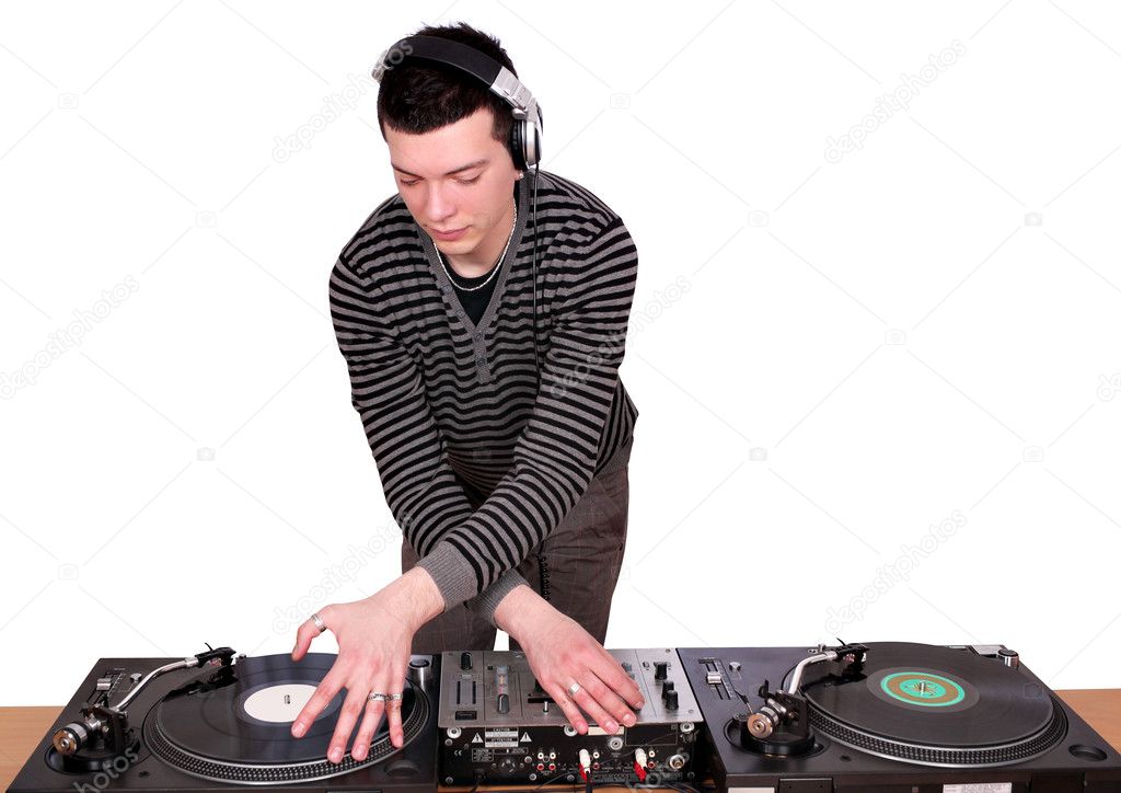 Dj with turntables play music