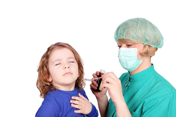Little girl not to take medicine — Stock Photo, Image