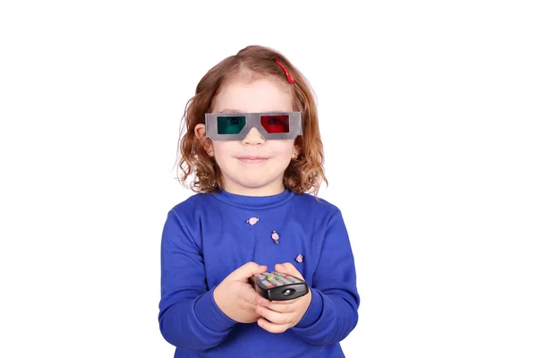 Little girl with 3d glasses and remote control — Stock Photo, Image