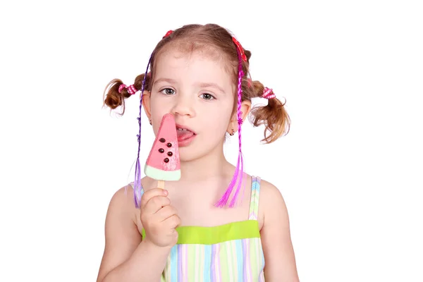 Κοριτσάκι με καρπούζι παγωτό — Φωτογραφία Αρχείου