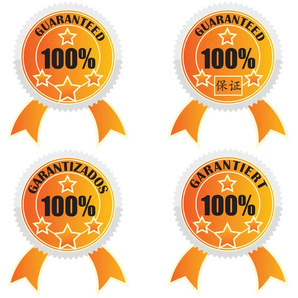 Guaranteed Stickers Isolated White English German Chinese Spanish — Stock Vector