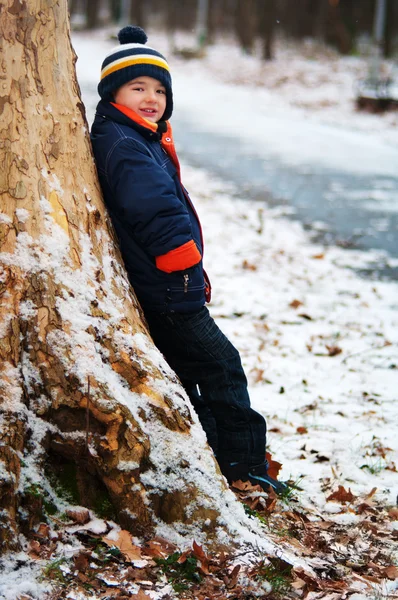 冬天的男孩ロシアの村の霧日の出 — 图库照片