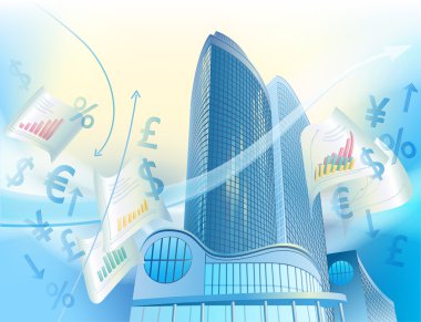 A modern sky-scrapers is in the abstract cityscape and currency sign clipart