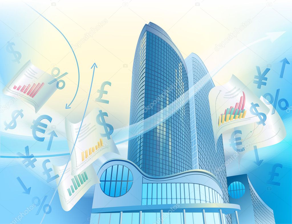 A modern sky-scrapers is in the abstract cityscape and currency sign