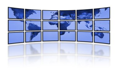 Flat LCD screens displaying the world earth map. Television technology. clipart