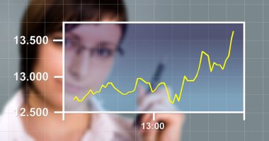 Business woman watching the upward trend of a graphic chart. clipart