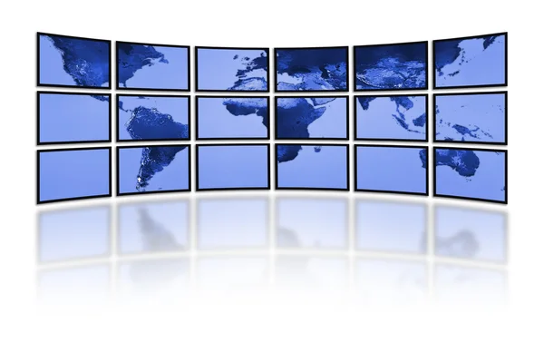 Flat Lcd Screens Displaying World Earth Map Television Technology — Stock Photo, Image