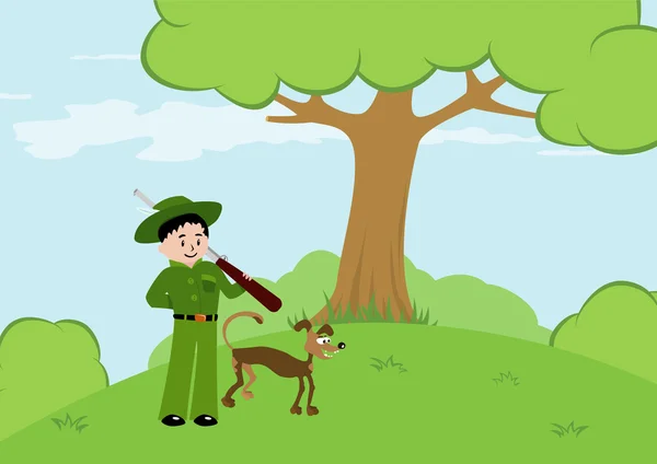 Jager met hond in het bos — Stockvector