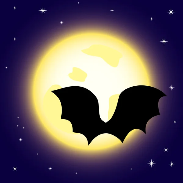 Ilustración vectorial de la luna de dibujos animados con silueta de murciélago en blu — Vector de stock