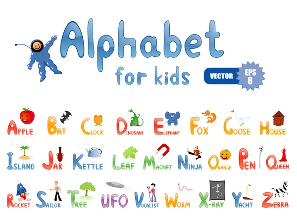 stock vector Vector alphabet with funny pictures for children education