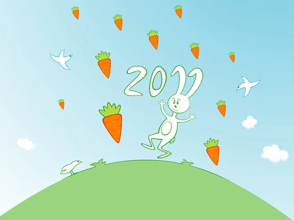 गाजर बारिश में कार्टून खरगोश — स्टॉक वेक्टर