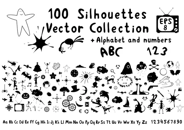 100 funny cartoon silhouettes — Stock Vector