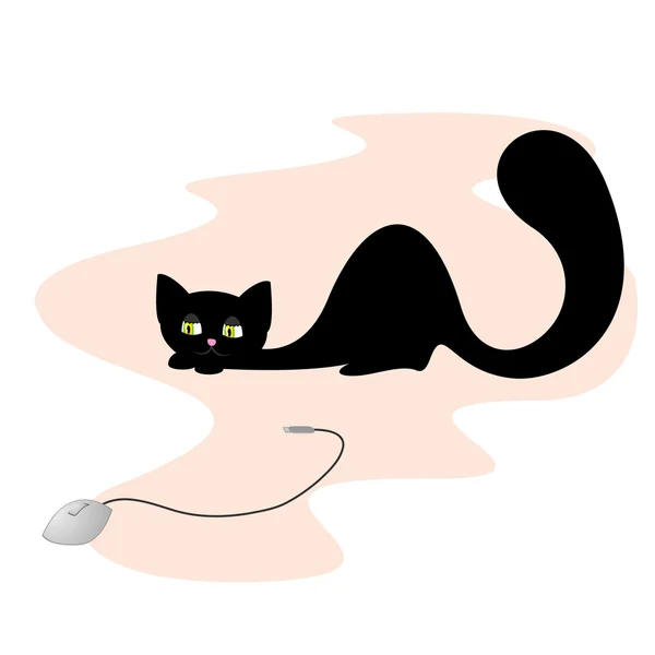 Schwarze Katze auf der Jagd nach Computermaus — Stockvektor