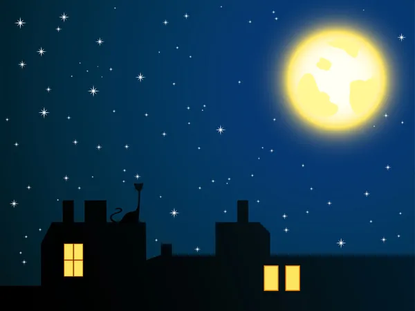 Techos nocturnos y gato solitario mirando a la luna llena — Vector de stock
